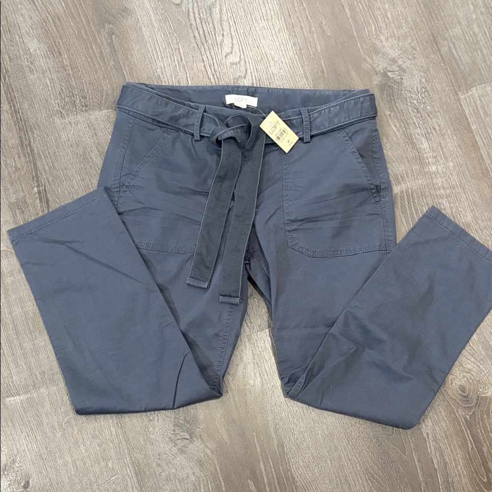 NWT LOFT Anne Taylor Petite 4P Grey Utility Straight Leg Pants Tie Waist 447442